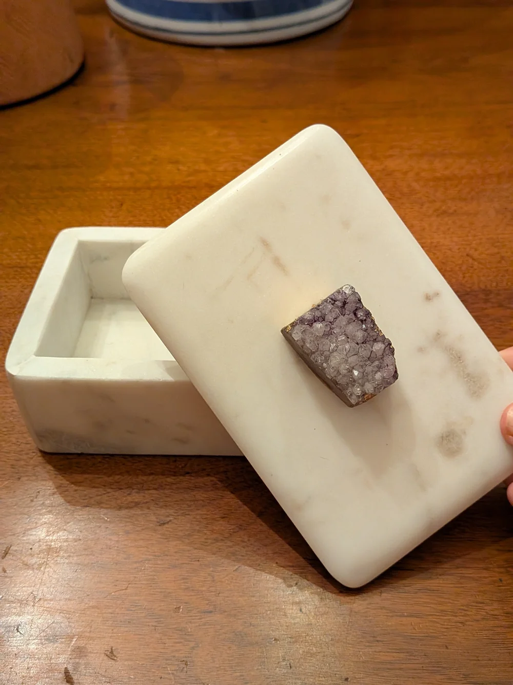 White Marble Decorative Jewelry Box with Amethyst Accent